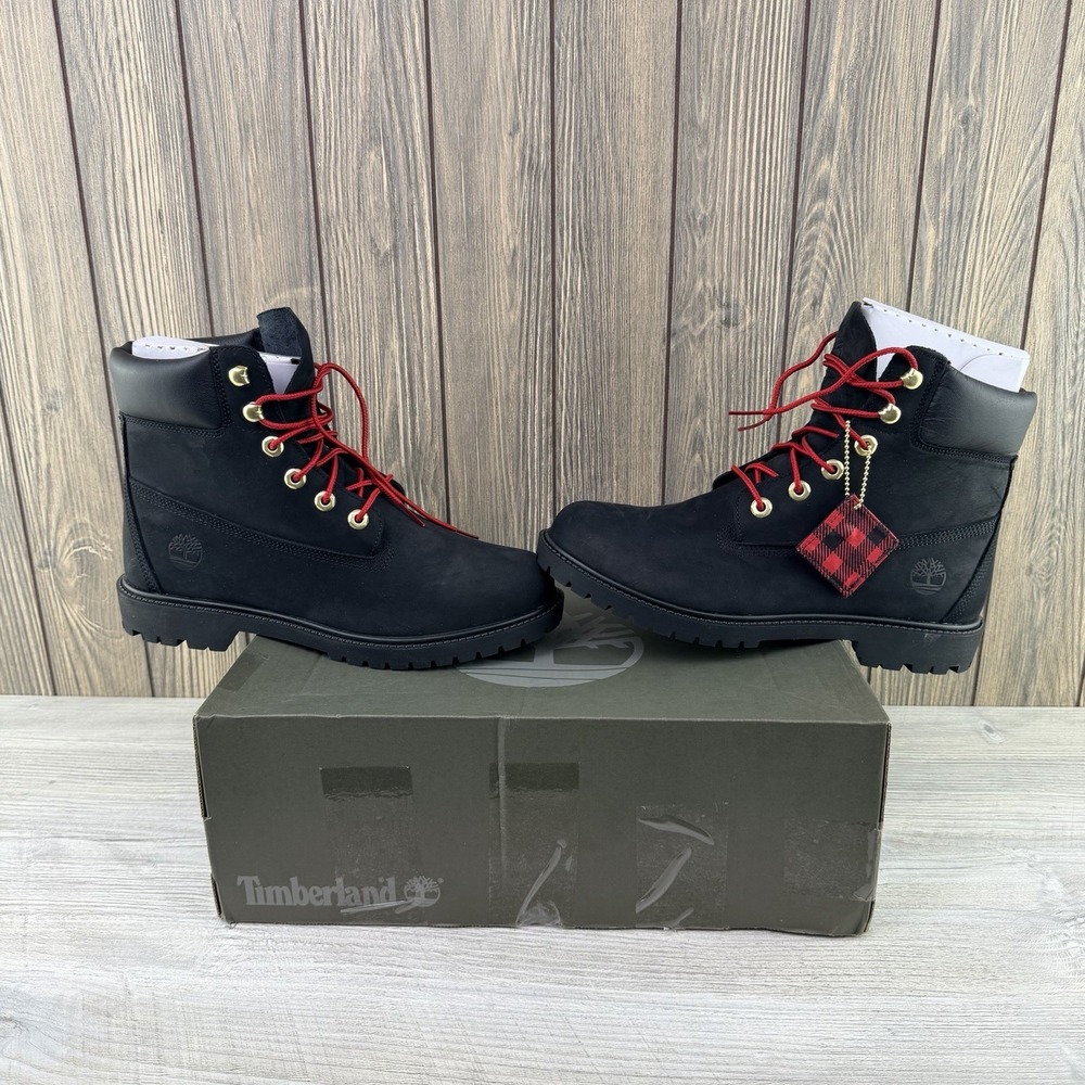 Timberland Heritage 6" Waterproof Boots Women's Size 9 Black Nubuck W Red NEW